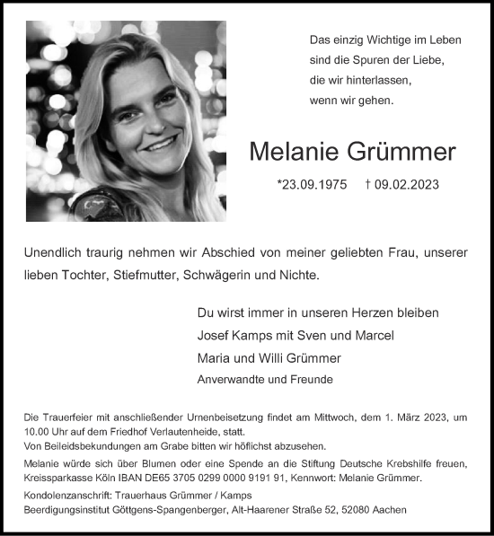 Traueranzeige von Melanie Grümmer von Zeitung am Sonntag