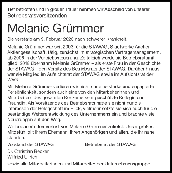 Traueranzeige von Melanie Grümmer von Zeitung am Sonntag