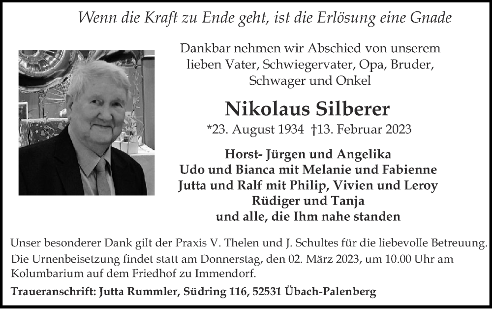  Traueranzeige für Nikolaus Silberer vom 26.02.2023 aus Zeitung am Sonntag