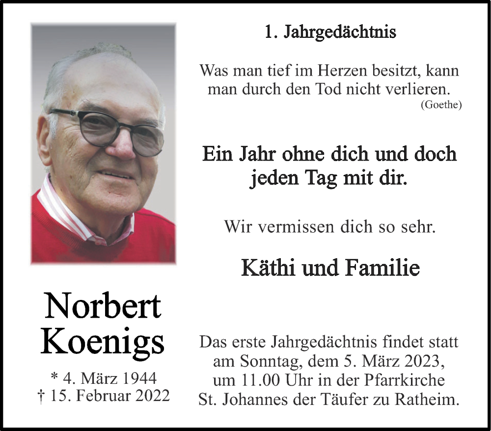  Traueranzeige für Norbert Koenigs vom 26.02.2023 aus Zeitung am Sonntag