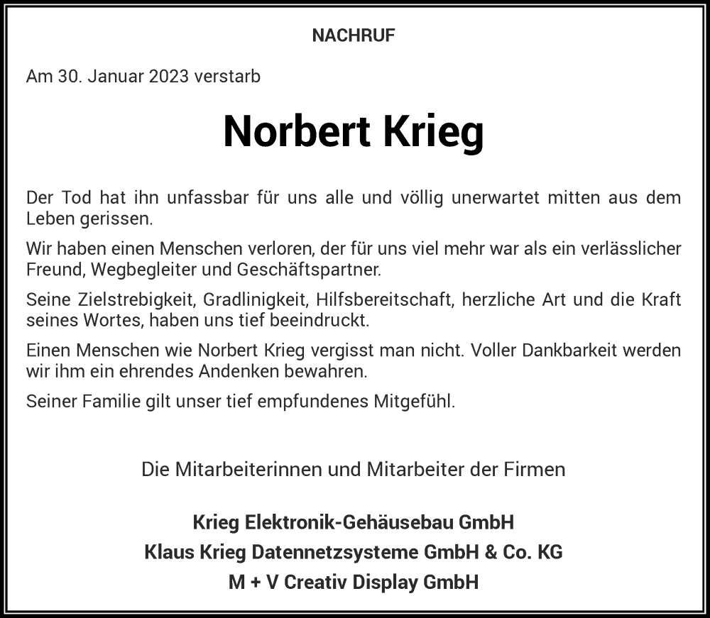  Traueranzeige für Norbert Krieg vom 18.02.2023 aus Aachener Zeitung / Aachener Nachrichten