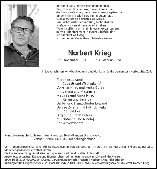 Traueranzeige von Norbert Krieg von Zeitung am Sonntag