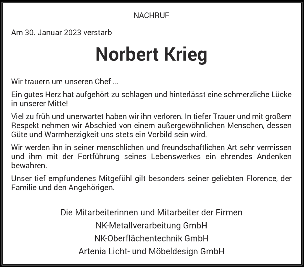  Traueranzeige für Norbert Krieg vom 12.02.2023 aus Zeitung am Sonntag