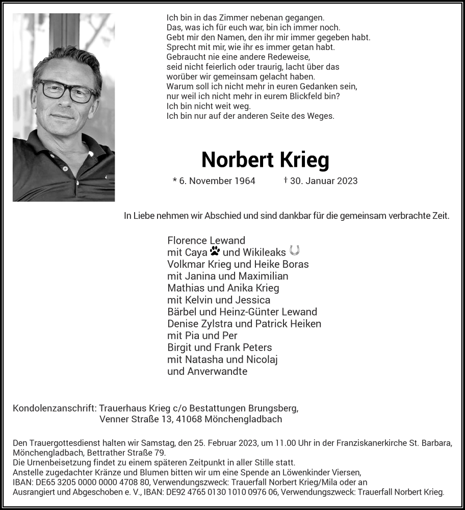  Traueranzeige für Norbert Krieg vom 11.02.2023 aus Aachener Zeitung / Aachener Nachrichten