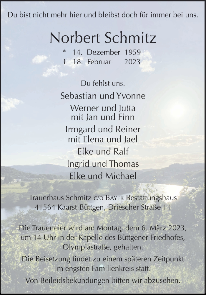  Traueranzeige für Norbert Schmitz vom 25.02.2023 aus Aachener Zeitung / Aachener Nachrichten