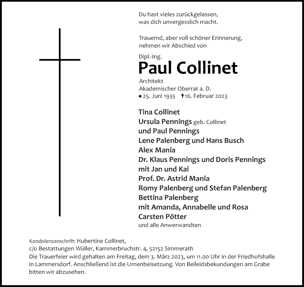  Traueranzeige für Paul Collinet vom 25.02.2023 aus Aachener Zeitung / Aachener Nachrichten