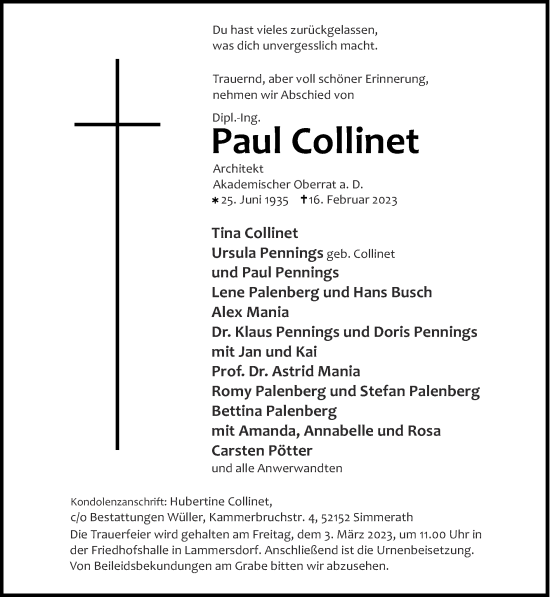 Traueranzeige von Paul Collinet von Zeitung am Sonntag