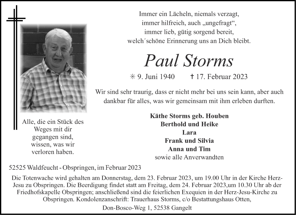 Traueranzeige für Paul Storms vom 22.02.2023 aus Aachener Zeitung / Aachener Nachrichten