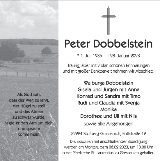 Traueranzeige von Peter Dobbelstein von Zeitung am Sonntag