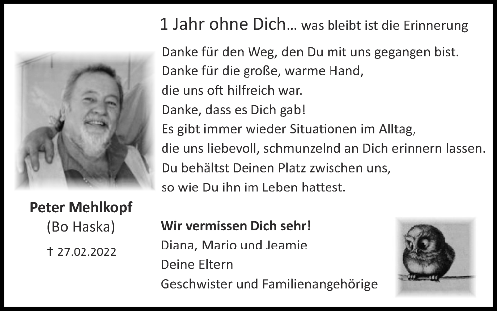  Traueranzeige für Peter Mehlkopf vom 26.02.2023 aus Zeitung am Sonntag