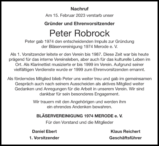 Traueranzeige von Peter Robrock von Zeitung am Sonntag