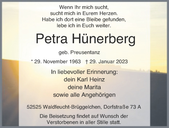 Traueranzeige von Petra Hünerberg von Zeitung am Sonntag
