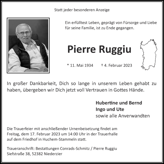 Traueranzeige von Pierre Ruggiu von Zeitung am Sonntag