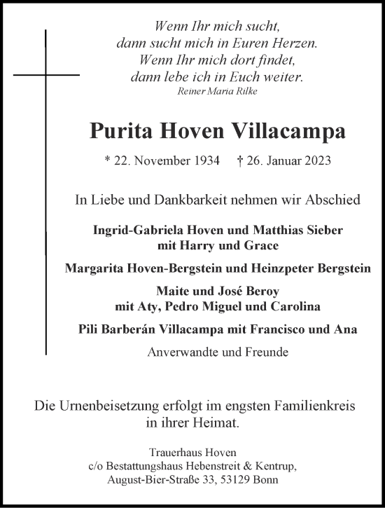 Traueranzeige von Purita Hoven Villacampa von Aachener Zeitung / Aachener Nachrichten