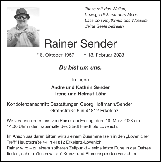 Traueranzeige von Rainer Sender von Zeitung am Sonntag
