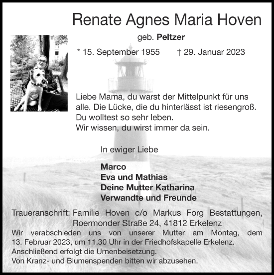 Traueranzeige von Renate Agnes Maria Hoven von Zeitung am Sonntag