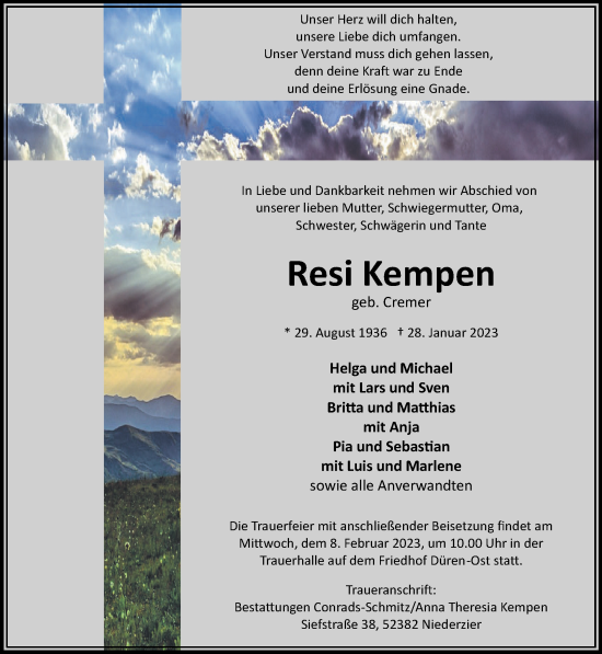 Traueranzeige von Resi Kempen von Zeitung am Sonntag