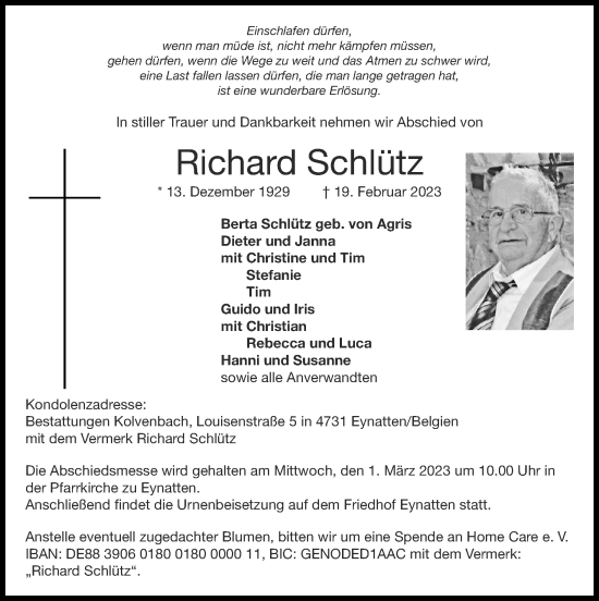 Traueranzeige von Richard Schlütz von Zeitung am Sonntag