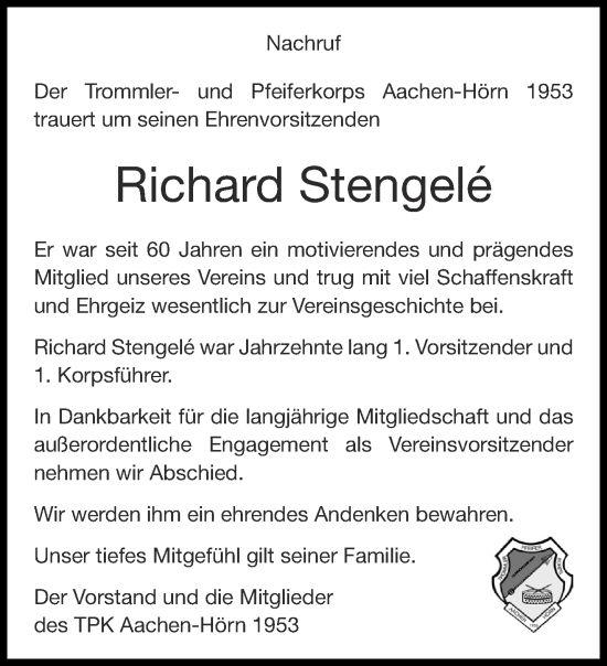 Traueranzeige von Richard Stengele von Aachener Zeitung / Aachener Nachrichten