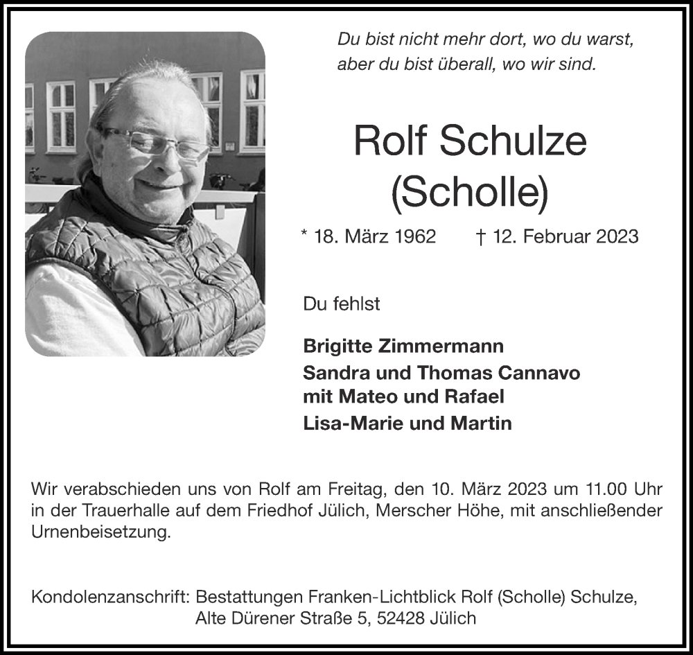  Traueranzeige für Rolf Schulze vom 26.02.2023 aus Zeitung am Sonntag