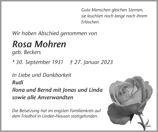 Traueranzeige von Rosa Mohren von Zeitung am Sonntag