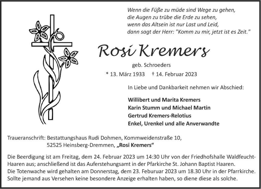  Traueranzeige für Rosi Kremers vom 18.02.2023 aus Aachener Zeitung / Aachener Nachrichten