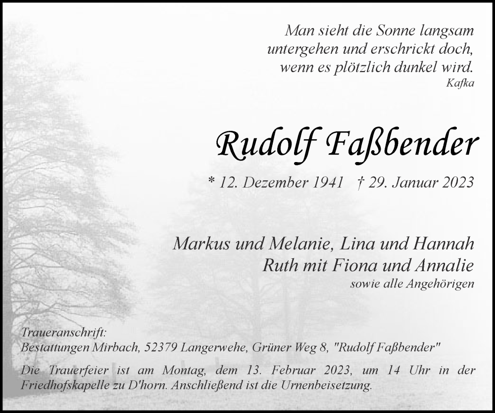 Traueranzeige für Rudolf Faßbender vom 05.02.2023 aus Zeitung am Sonntag