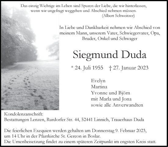 Traueranzeige von Siegmund Duda von Zeitung am Sonntag