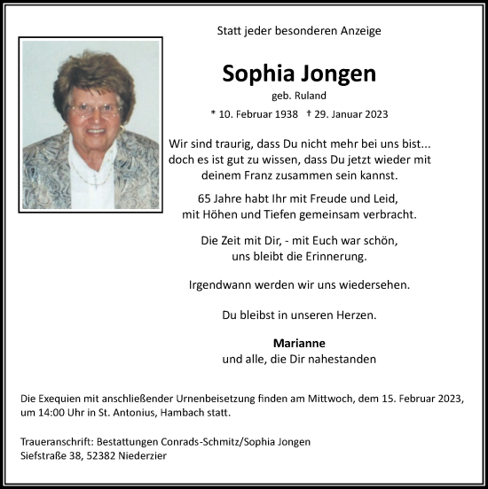 Traueranzeige von Sophia Jongen von Zeitung am Sonntag