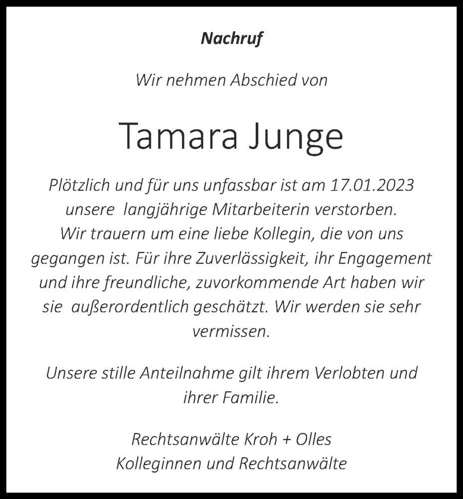  Traueranzeige für Tamara Junge vom 05.02.2023 aus Zeitung am Sonntag