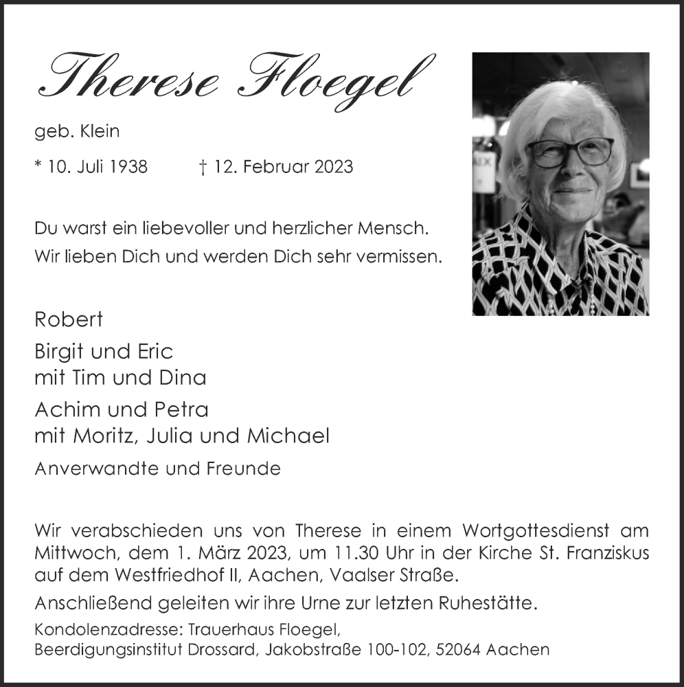  Traueranzeige für Therese Floegel vom 26.02.2023 aus Zeitung am Sonntag