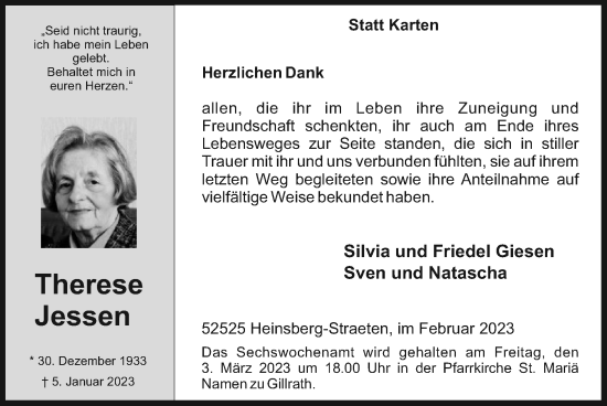 Traueranzeige von Therese Jessen von Zeitung am Sonntag