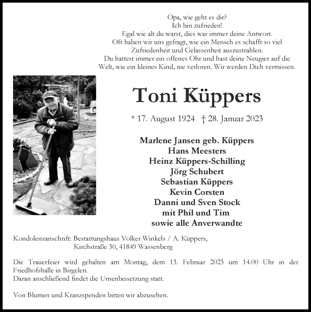  Traueranzeige für Toni Küppers vom 05.02.2023 aus Zeitung am Sonntag