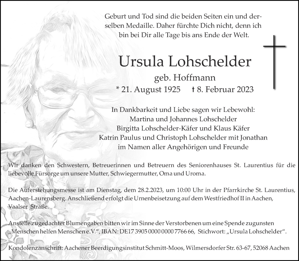  Traueranzeige für Ursula Lohschelder vom 25.02.2023 aus Aachener Zeitung / Aachener Nachrichten
