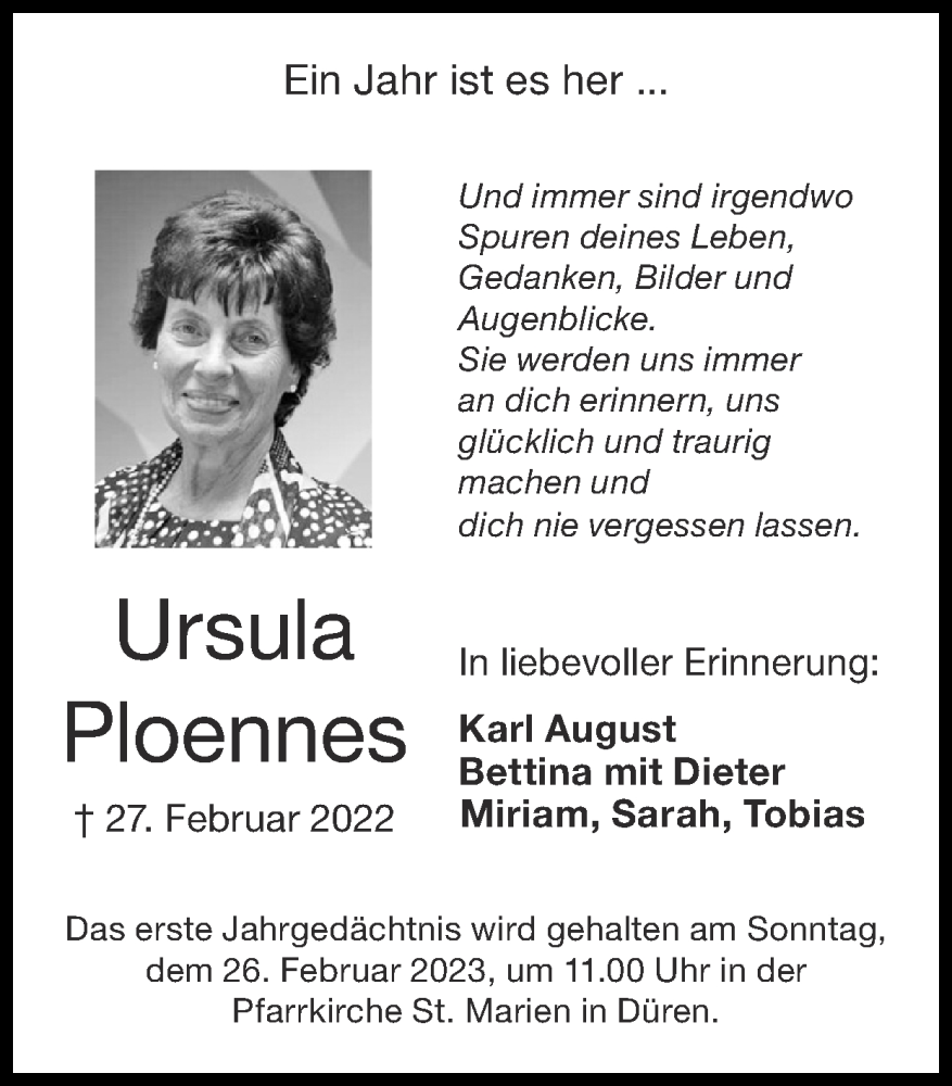  Traueranzeige für Ursula Ploennes vom 12.02.2023 aus Zeitung am Sonntag