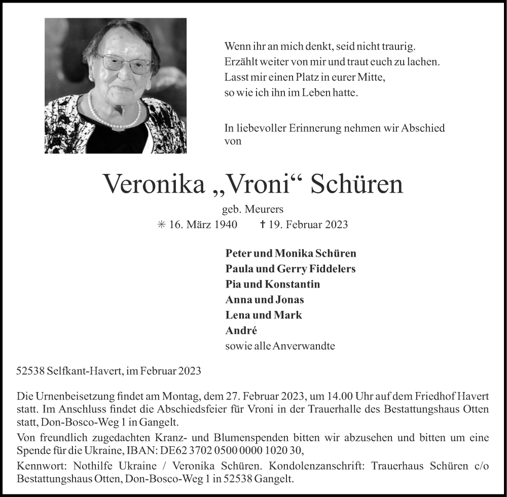  Traueranzeige für Veronika Schüren vom 25.02.2023 aus Aachener Zeitung / Aachener Nachrichten