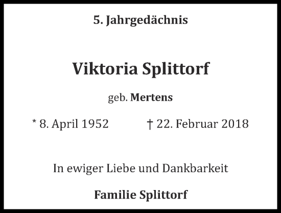 Traueranzeige von Viktoria Splittorf von Zeitung am Sonntag