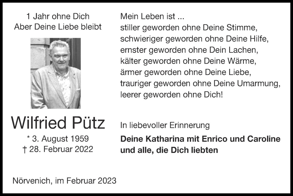  Traueranzeige für Wilfried Pütz vom 26.02.2023 aus Zeitung am Sonntag