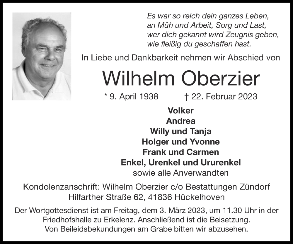  Traueranzeige für Wilhelm Oberzier vom 26.02.2023 aus Zeitung am Sonntag