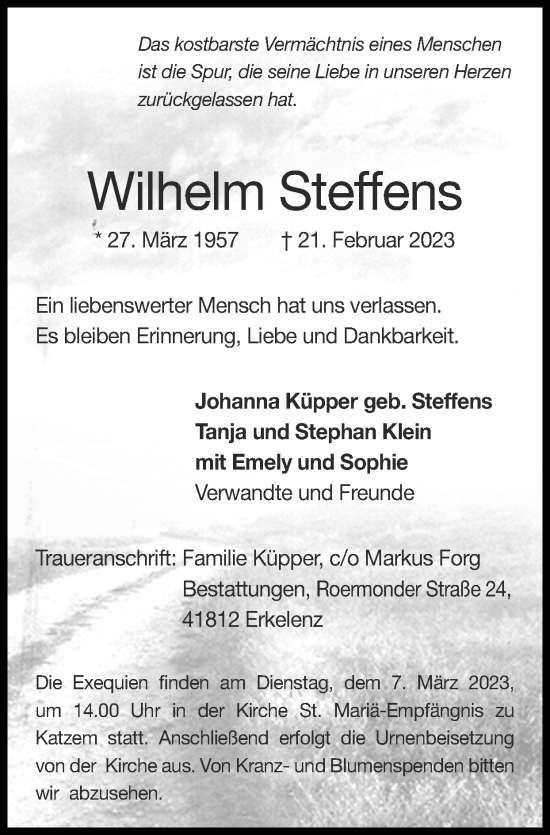 Traueranzeige von Wilhelm Steffens von Zeitung am Sonntag