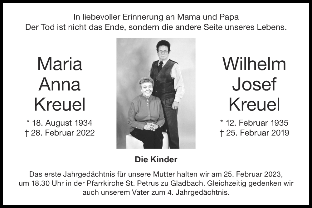  Traueranzeige für Wilhelm Josef Kreuel vom 12.02.2023 aus Zeitung am Sonntag