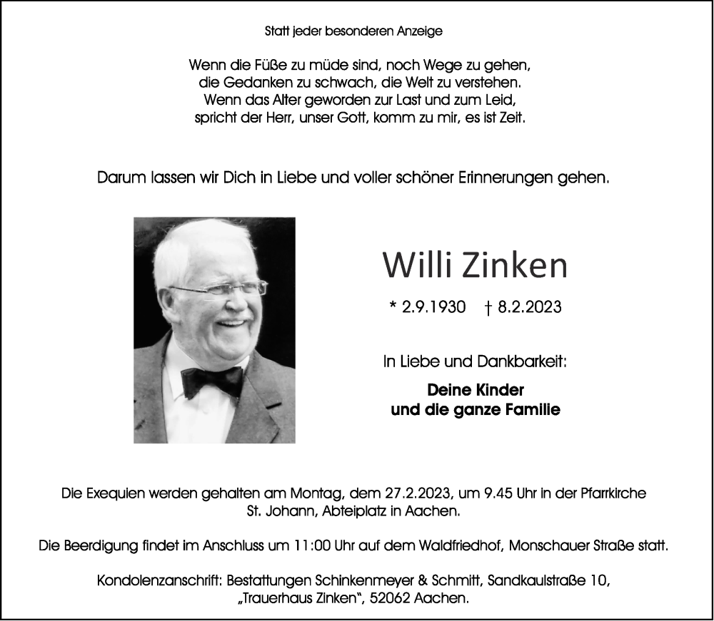  Traueranzeige für Willi Zinken vom 11.02.2023 aus Aachener Zeitung / Aachener Nachrichten