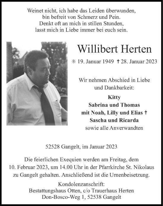 Traueranzeige von Willibert Herten von Zeitung am Sonntag
