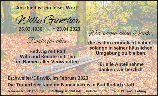 Traueranzeige von Willy Günther von Zeitung am Sonntag