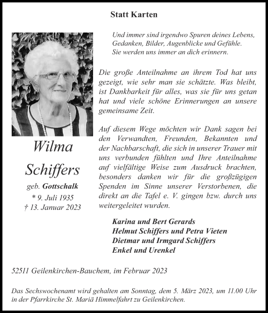 Traueranzeige von Wilma Schiffers von Zeitung am Sonntag
