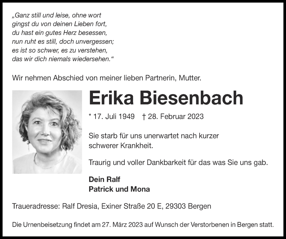  Traueranzeige für Erika Biesenbach vom 19.03.2023 aus Zeitung am Sonntag