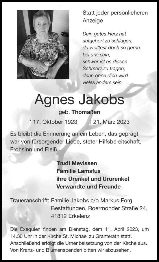 Traueranzeige von Agnes Jakobs von Zeitung am Sonntag