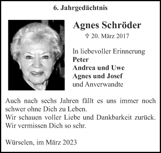 Traueranzeige von Agnes Schröder von Zeitung am Sonntag