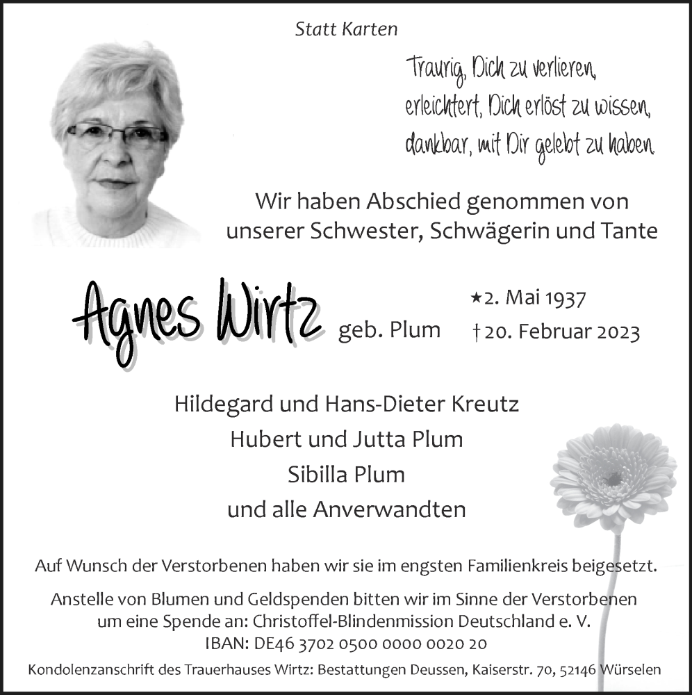  Traueranzeige für Agnes Wirtz vom 05.03.2023 aus Zeitung am Sonntag