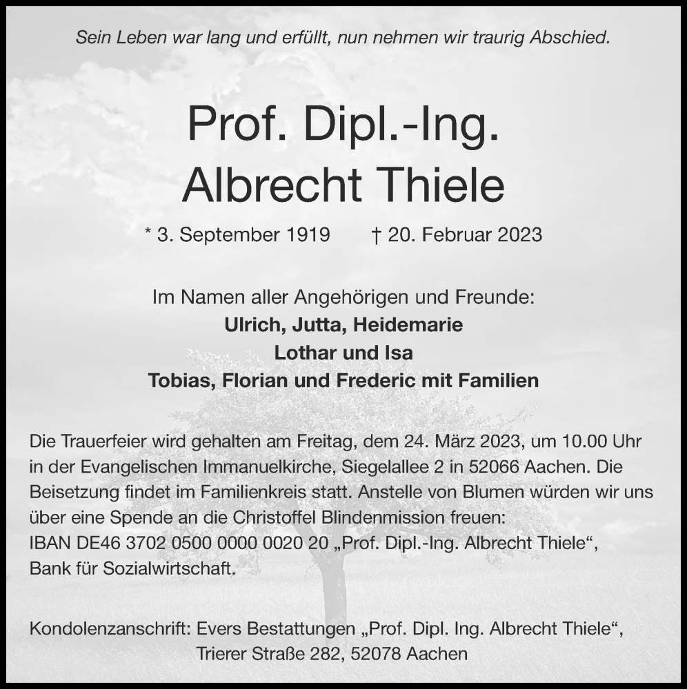  Traueranzeige für Albrecht Thiele vom 05.03.2023 aus Zeitung am Sonntag